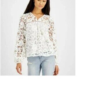 INC International Concepts Washed White Lace Peasant Top Size Large NWT